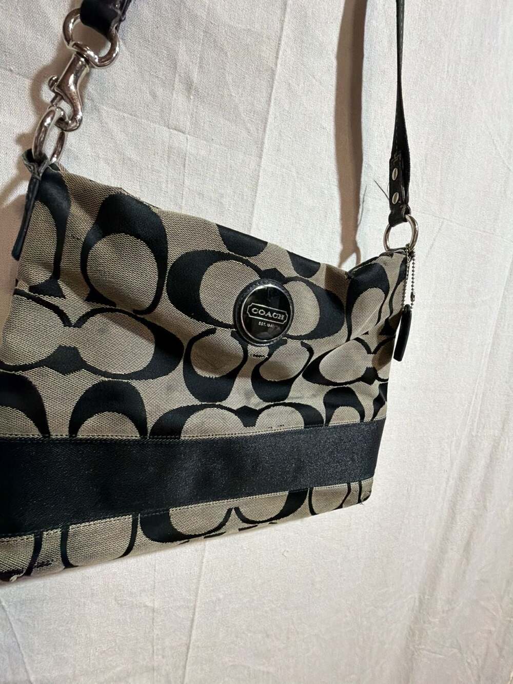 Coach Signature C Black Gray Monogram Jacquard Crossbody Shoulder Bag